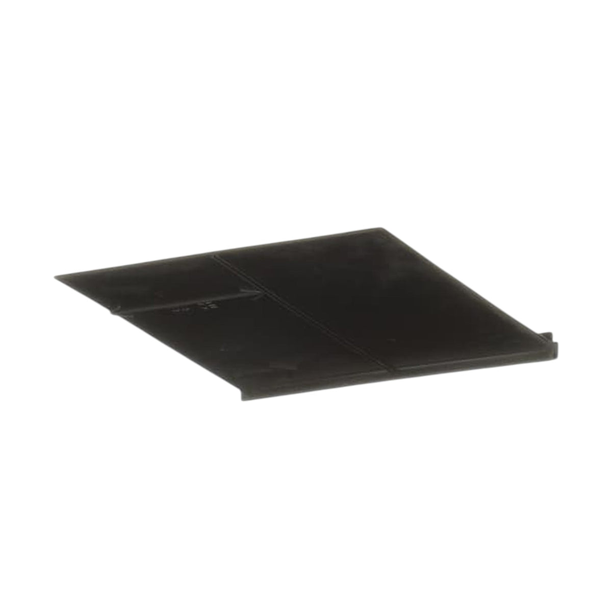 A black plastic replacement part, likely a tray or cover, shown from an elevated perspective against a plain white background.