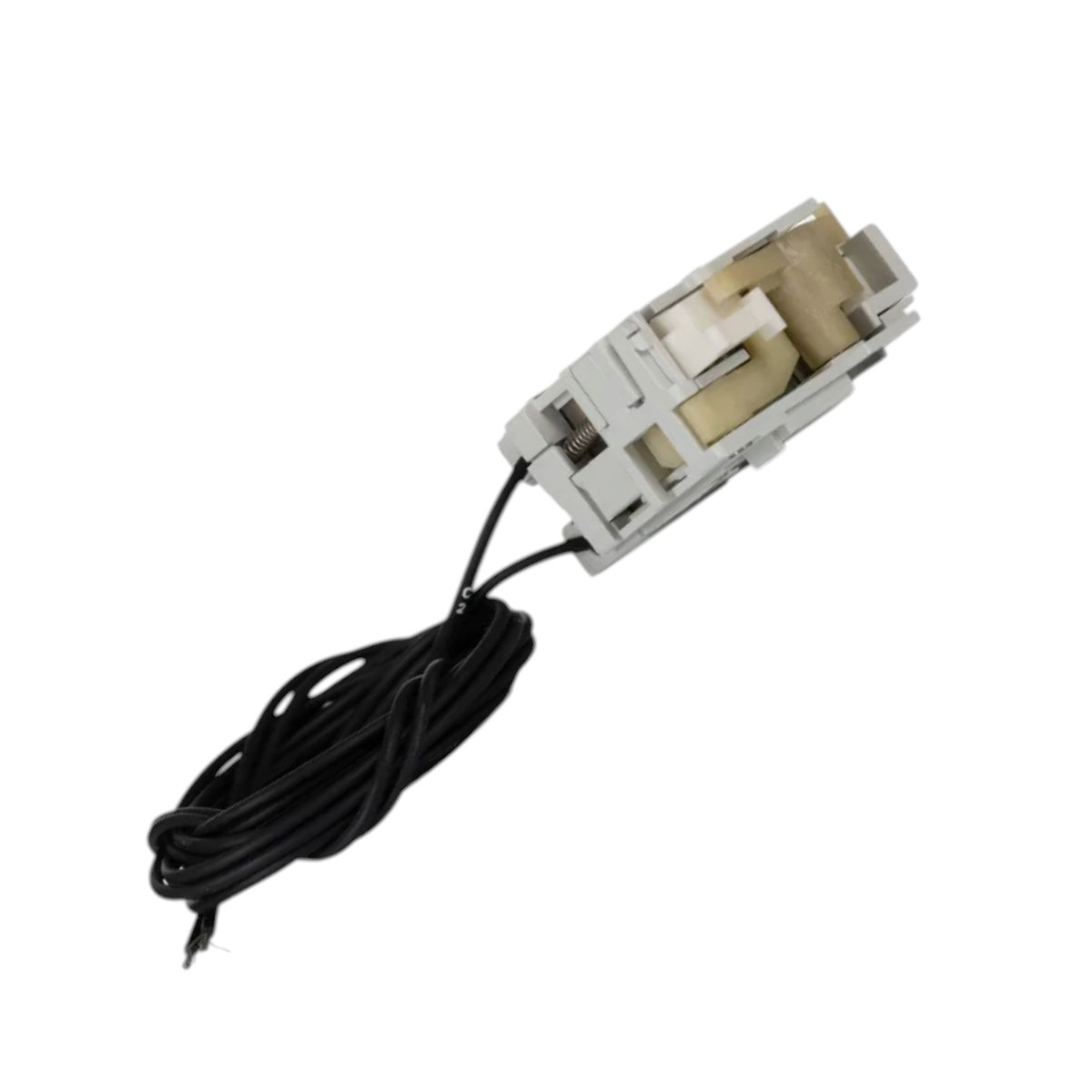 A replacement electrical contact switch with a white plastic housing, beige internal contacts, and a coiled black wire, shown on a plain white background.