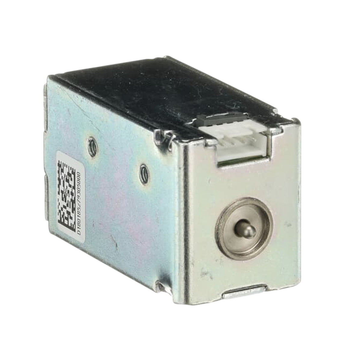 A small rectangular metal mechanical component with a silver-toned body, black top surface, circular front opening, and a white QR code label on the side, shown on a plain white background.