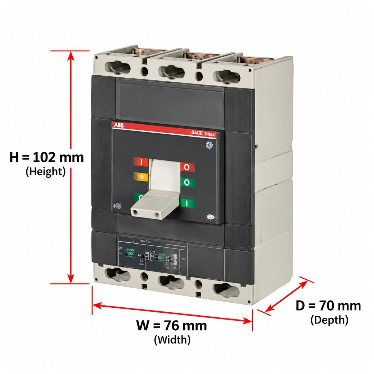 A dimension diagram of a JCB EACE industrial circuit breaker, showing its height (H = 102 mm), width (W = 76 mm), and depth (D = 70 mm) with red measurement arrows on a white background.