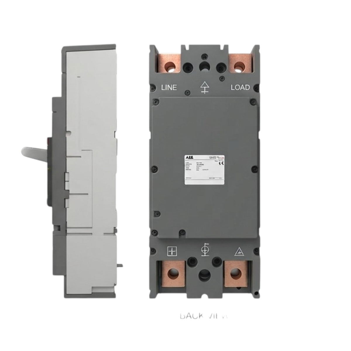 A modular electrical contactor or relay component shown from two angles: a side profile view on the left and a front terminal view on the right, against a plain white background. The main body is dark gray, with copper-colored terminal blocks and a white technical label in the center.