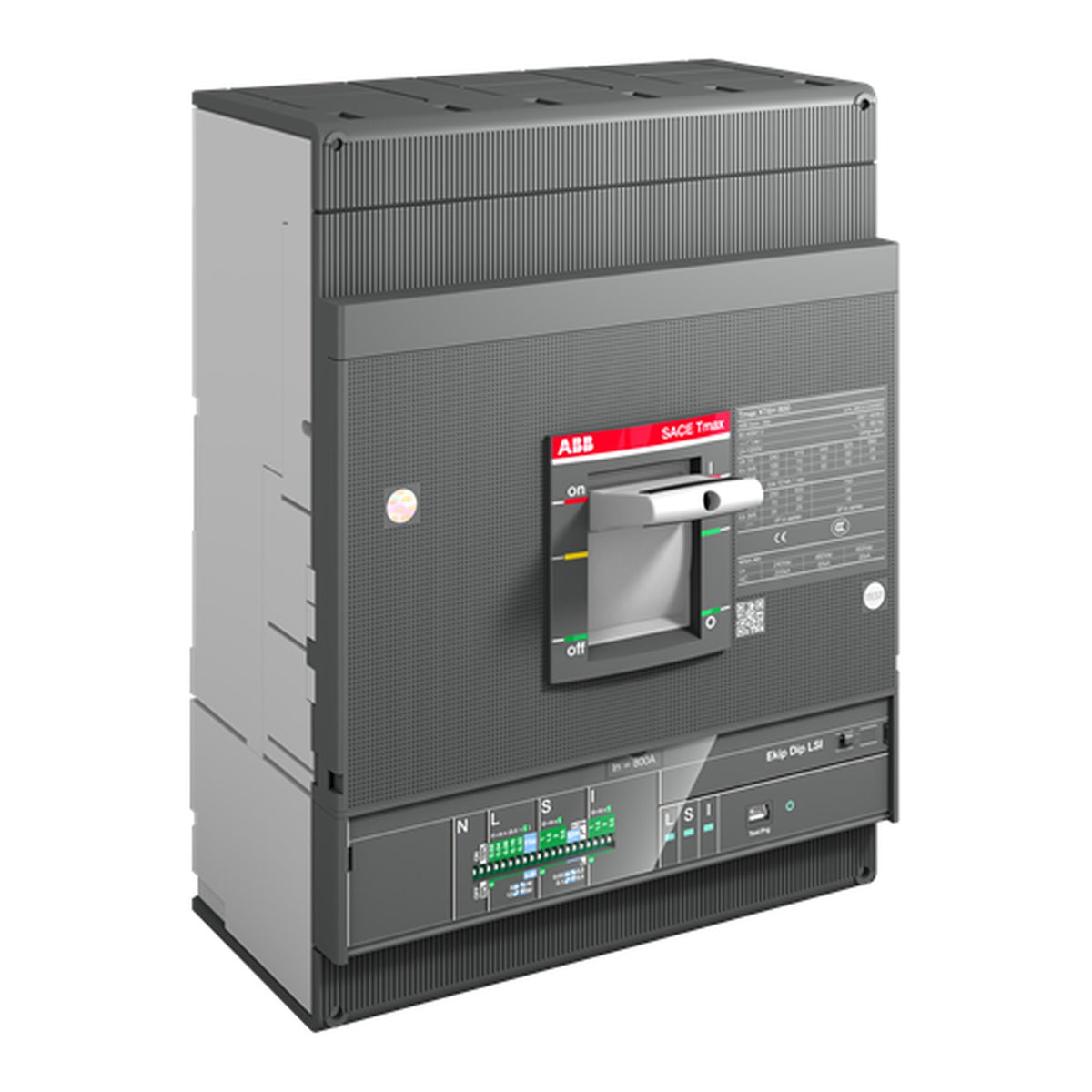 ABB SACE Trip L1 circuit breaker in dark gray with a red and white front label, shown on a plain white background.