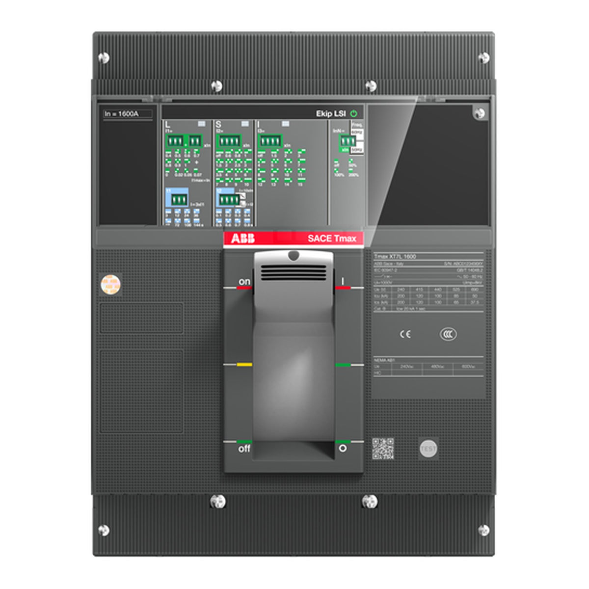 ABB SACE Tmax 3P 1600A industrial contactor module with a digital HMI screen, rotary switch, and technical labels on a dark gray metal housing.