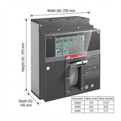 Technical dimension diagram of an ABB industrial electrical module, showing width, height, and depth measurements with a small dimension table at the bottom right.