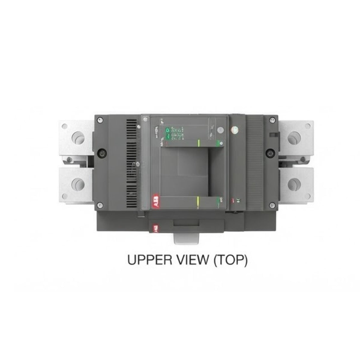 A top-down view of a dark gray electrical circuit breaker with silver metal terminal blocks on both sides, shown against a plain white background with the text 'UPPER VIEW (TOP)' underneath.