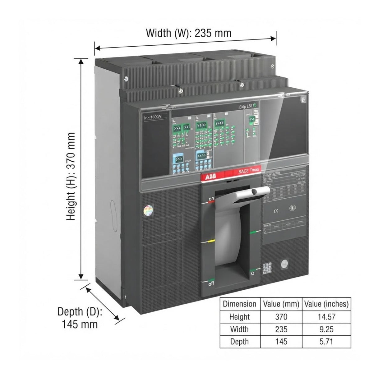 Technical dimension diagram of an ABB industrial electrical module, showing width, height, and depth measurements with a small dimension table at the bottom right.