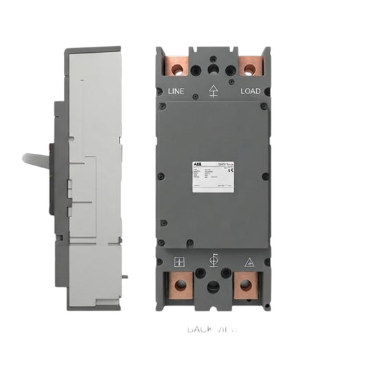 A modular electrical contactor or relay component shown from two angles: a side profile view on the left and a front terminal view on the right, against a plain white background. The main body is dark gray, with copper-colored terminal blocks and a white technical label in the center.