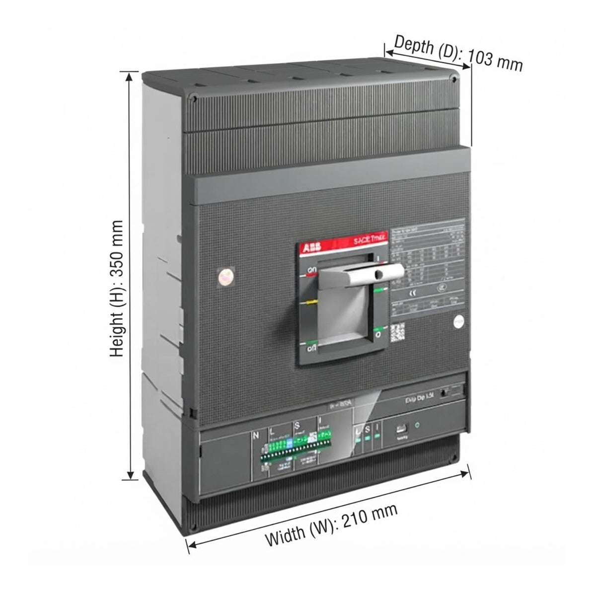 ABB SICE T760 electrical switch with dimension annotations showing height of 350 mm, depth of 103 mm, and width of 210 mm on a white background.