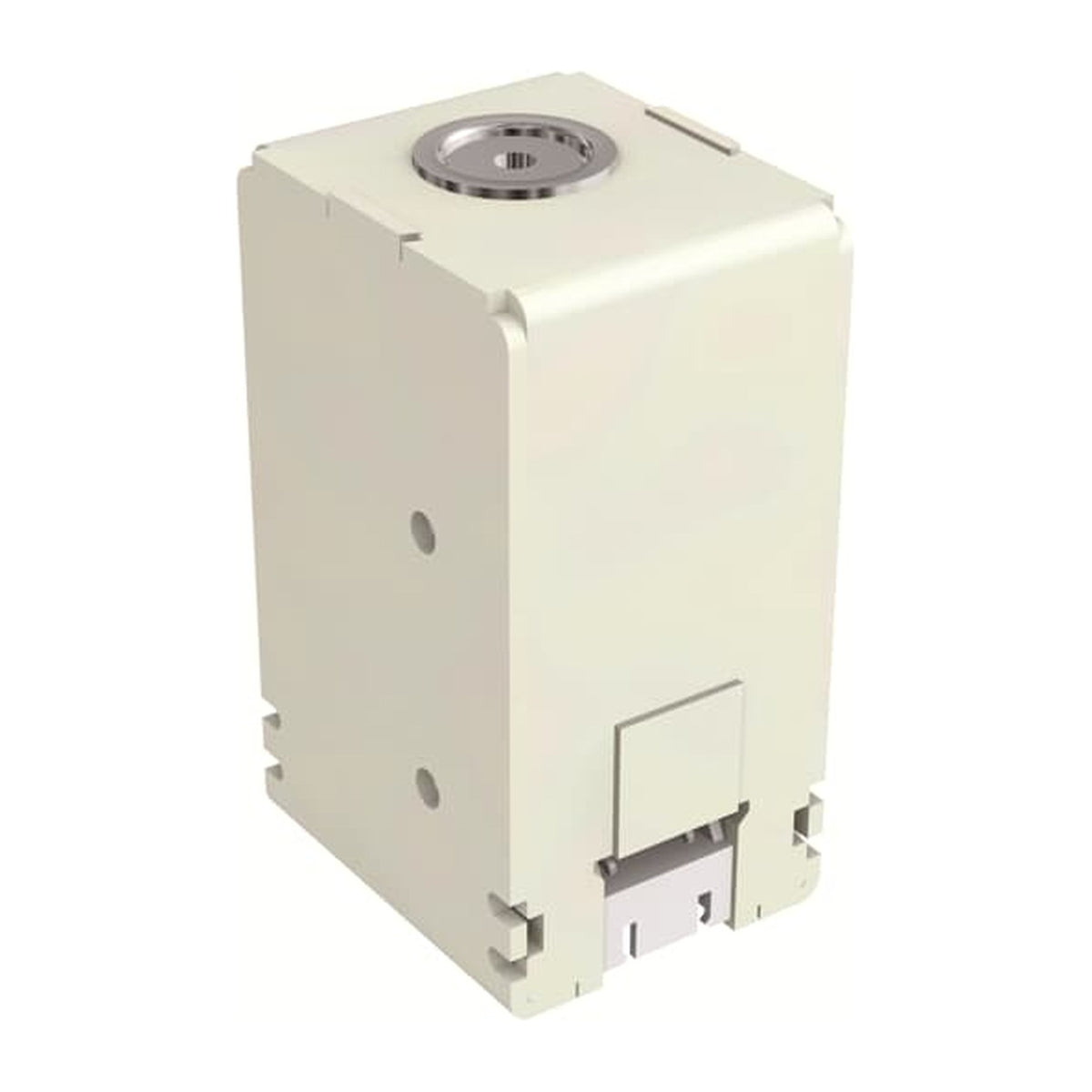 A light beige industrial electronic module or housing with a circular metal port on top and a small latch on the front, shown on a plain white background.