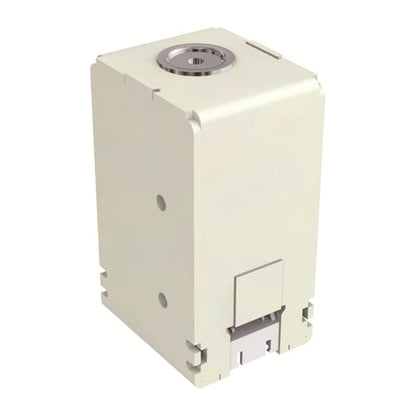 A light beige industrial electronic module or housing with a circular metal port on top and a small latch on the front, shown on a plain white background.