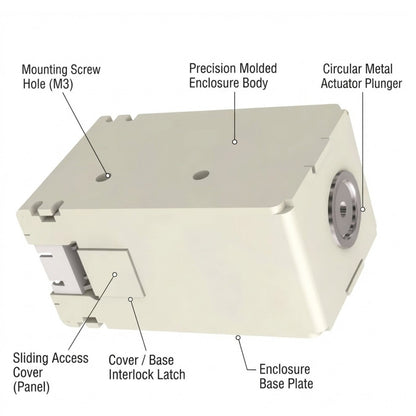 Technical product diagram of a beige industrial enclosure with callout labels pointing to features such as the mounting screw hole, precision molded enclosure body, circular metal actuator plunger, sliding access cover, and enclosure base plate.