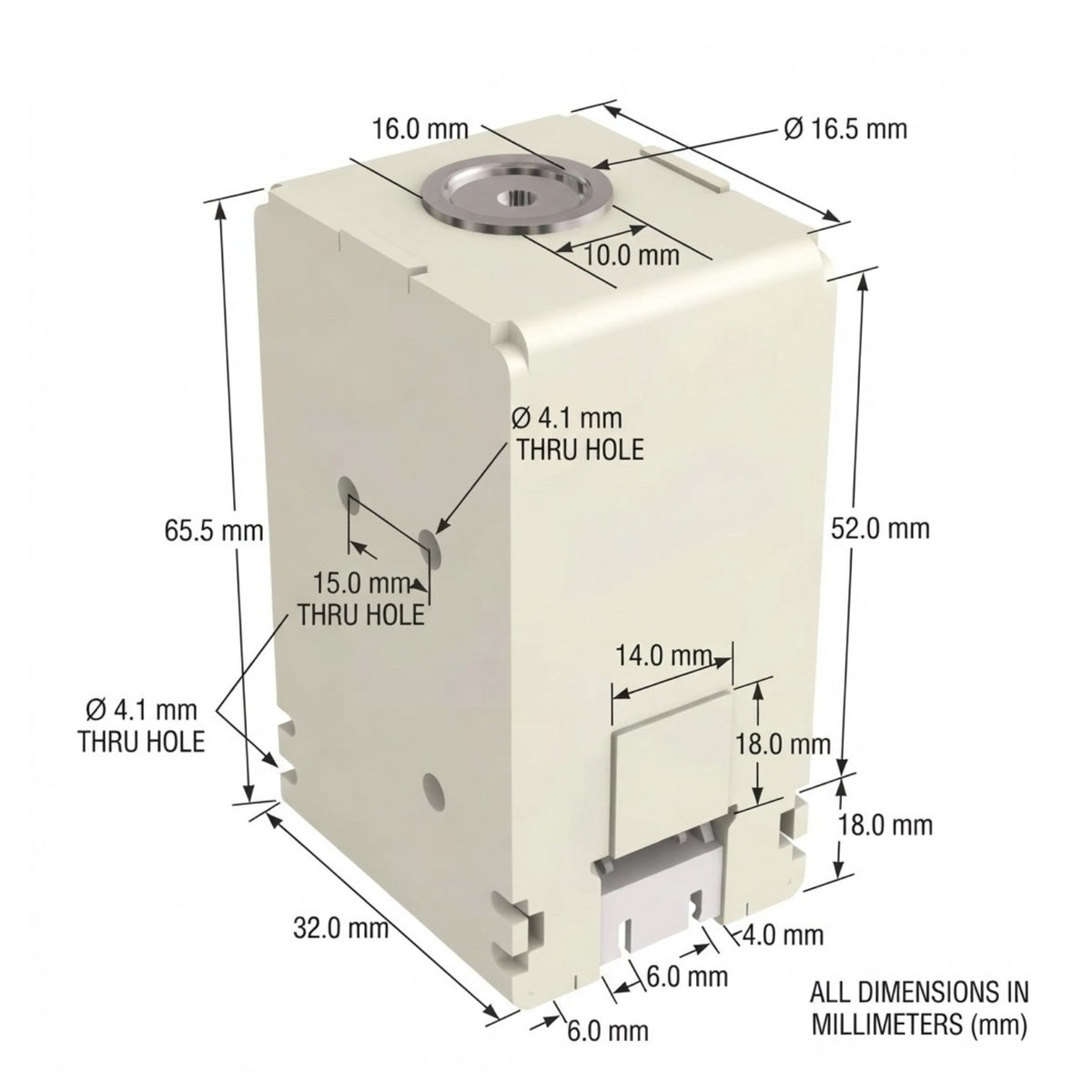 Technical dimension diagram of a beige electrical junction box showing all measurements in millimeters, including top diameter, side height, base dimensions, and through-hole diameters.
