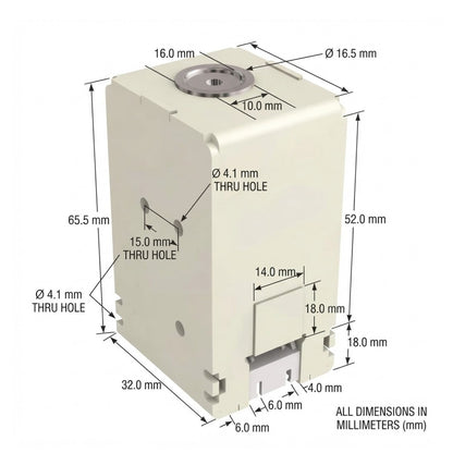 Technical dimension diagram of a beige electrical junction box showing all measurements in millimeters, including top diameter, side height, base dimensions, and through-hole diameters.