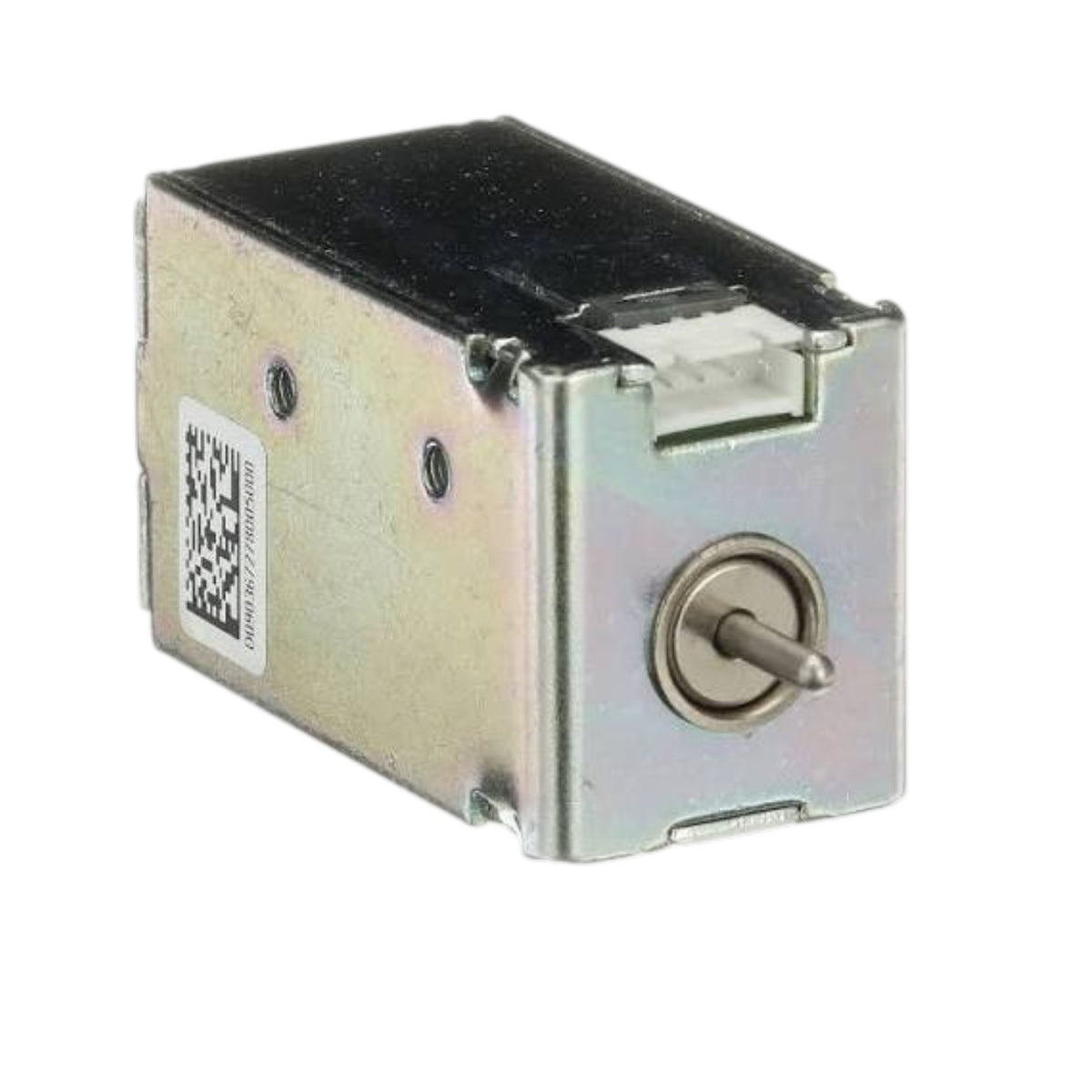 A small rectangular metal electronic component with a silver and gold-toned body, a black top surface, a side label with a QR code, and a protruding metal pin on the front, shown on a plain white background.