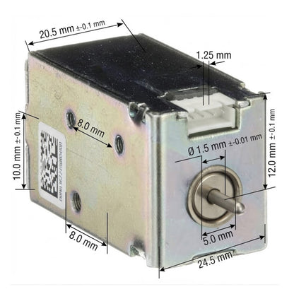 A small metal electronic module with a black top surface, silver side housing, and a central rotary switch, shown with multiple dimension callouts on a white background.