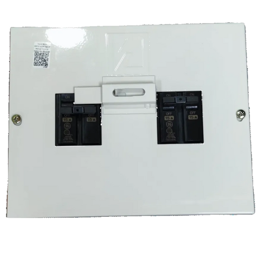 15A DPDT manual transfer switch mounted on a white panel with two toggle switches