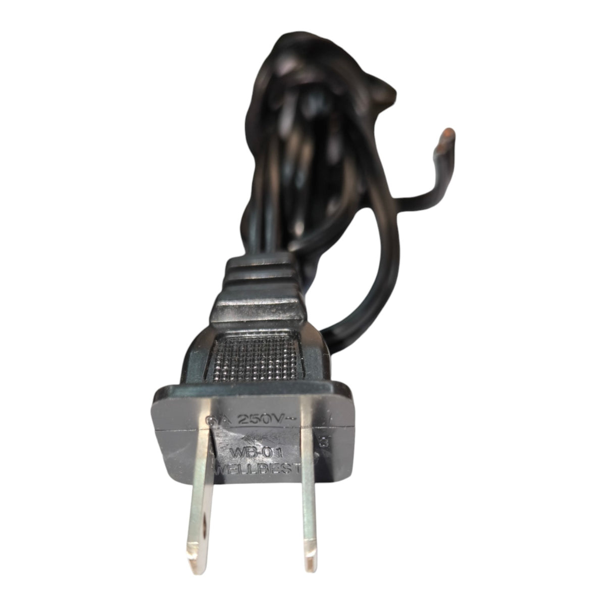 A black two-prong power plug with a coiled black cord, photographed on a plain white background.