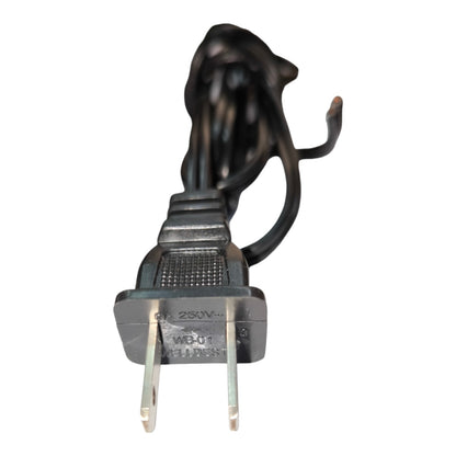 A black two-prong power plug with a coiled black cord, photographed on a plain white background.