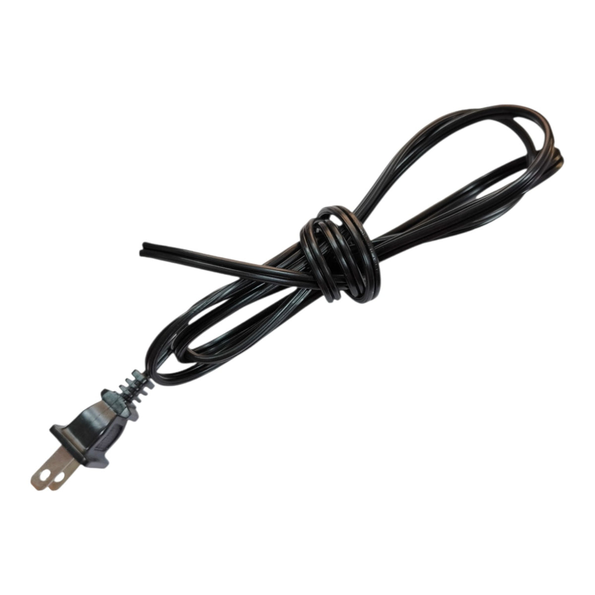 A coiled black power cord with a two-prong electrical plug, isolated on a white background.