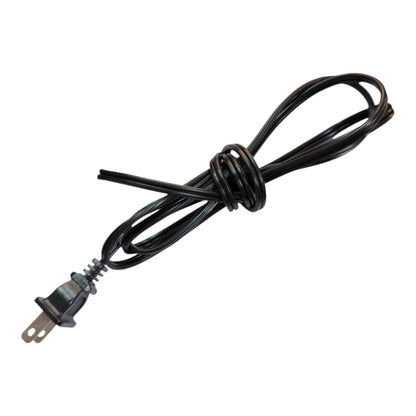 A coiled black power cord with a two-prong electrical plug, isolated on a white background.