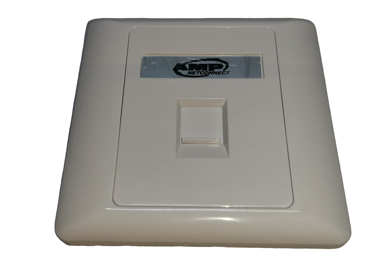 AMP 1 gang faceplate in white with a single network port and AMP Netconnect branding