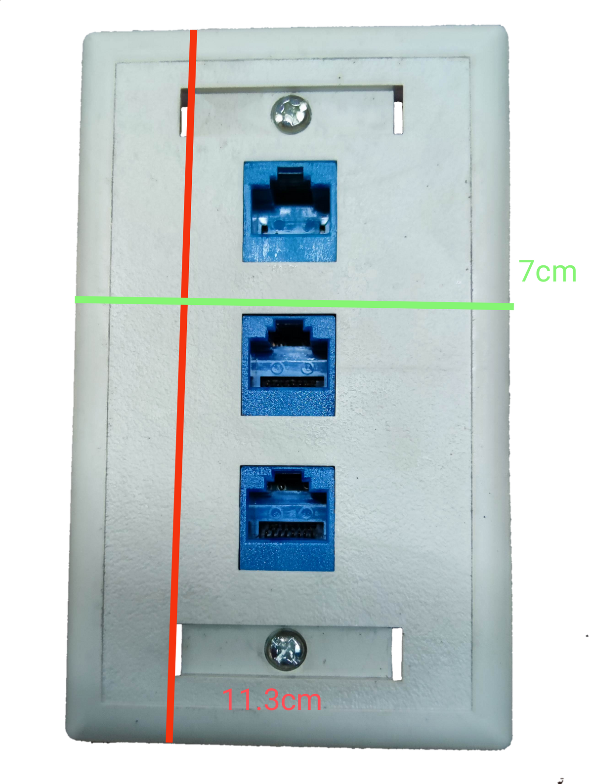 AMP network access points with three blue ports on a white cat 6 ethernet wall outlet
