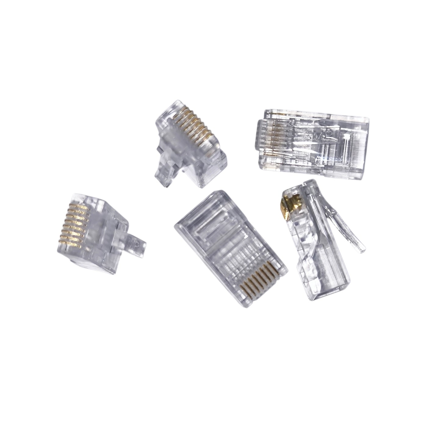 Set of clear telephone connectors on a white background