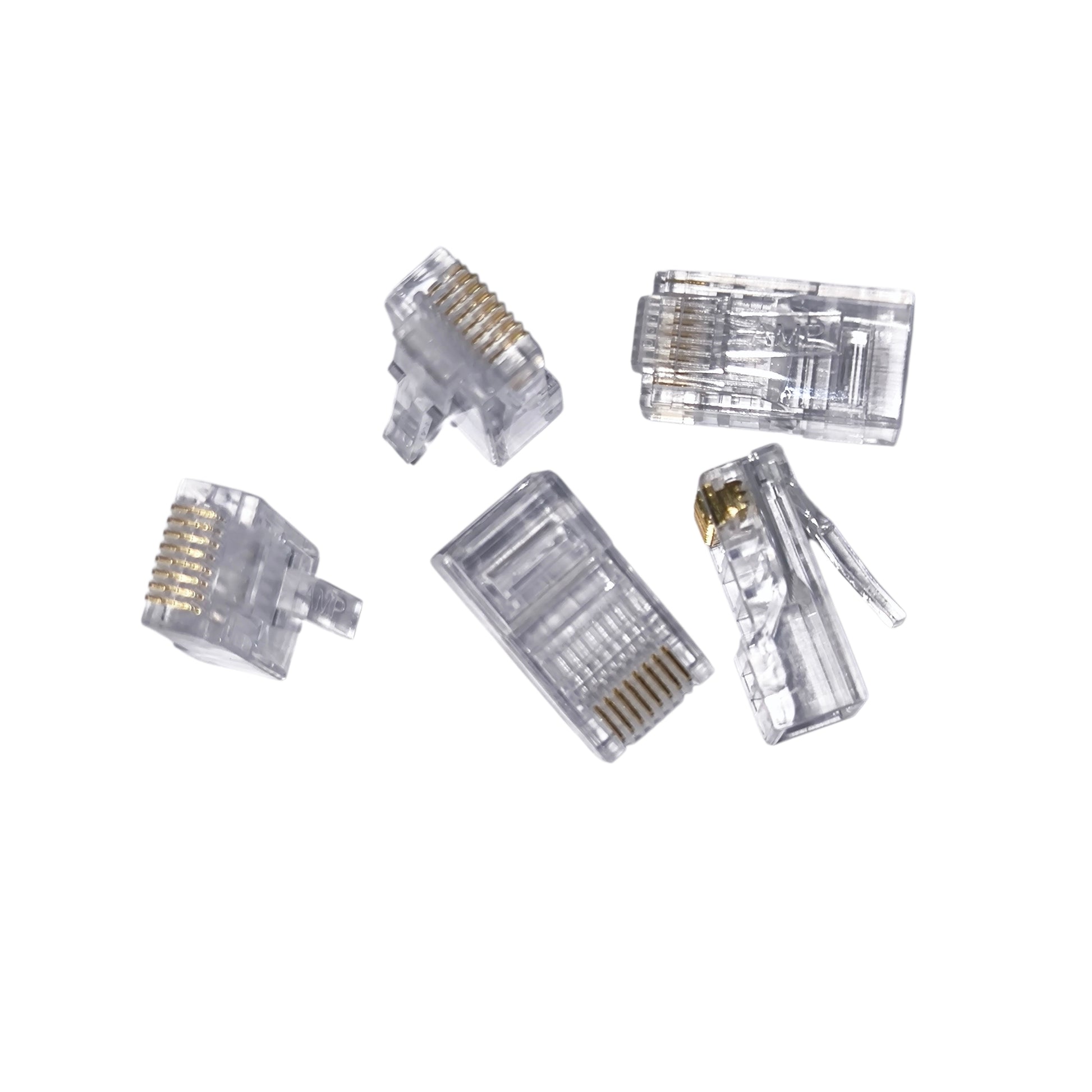 Set of clear telephone connectors on a white background