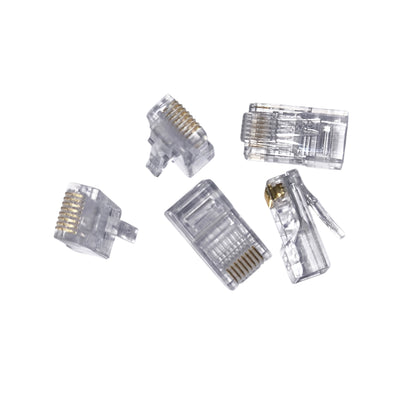 Set of clear telephone connectors on a white background