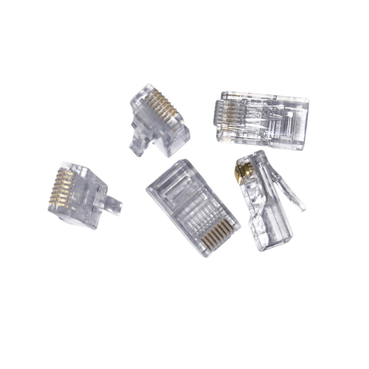 Set of clear telephone connectors on a white background