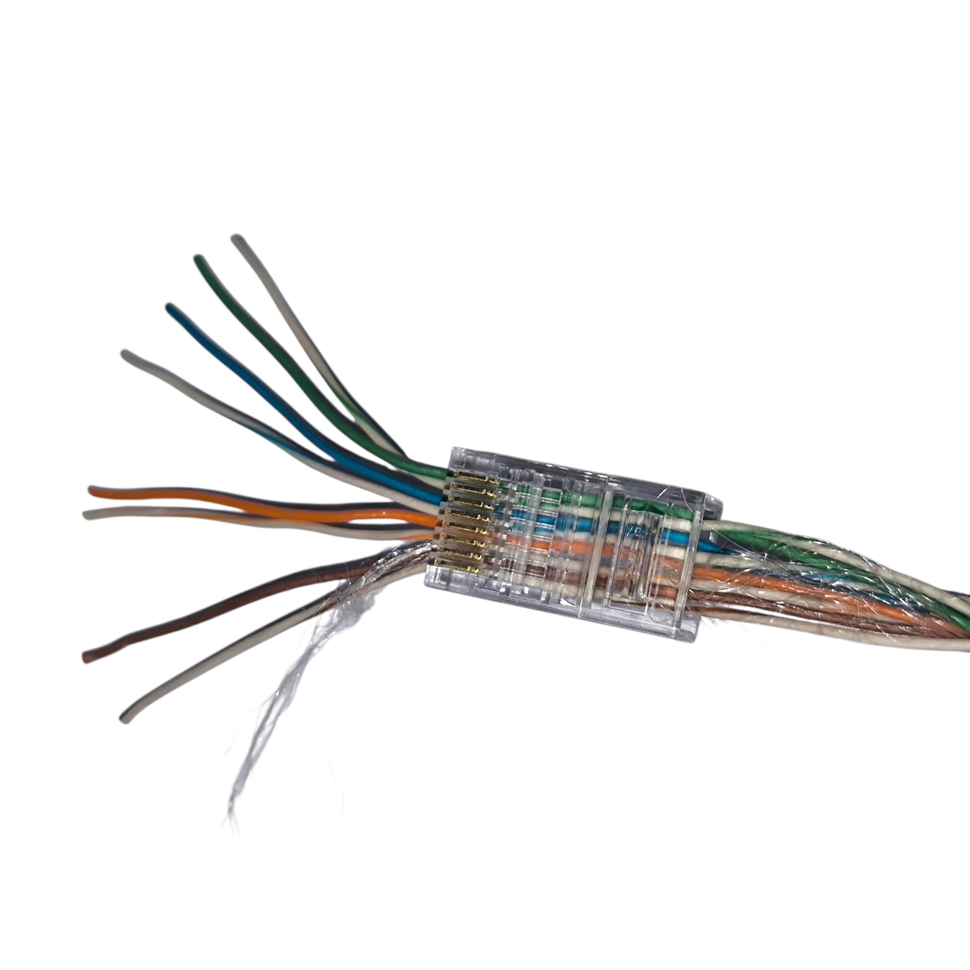 Ethernet cable with stripped wires and a clear connector on a white background