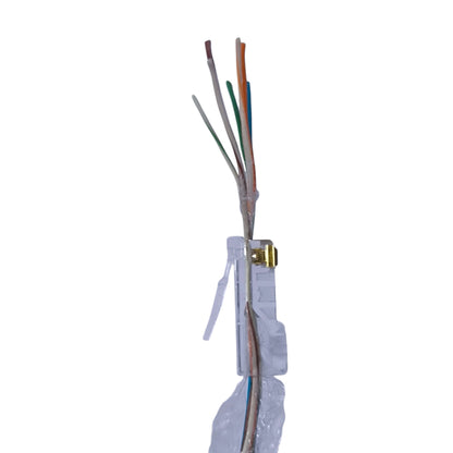 Cable with colored wires and a connector on a white background