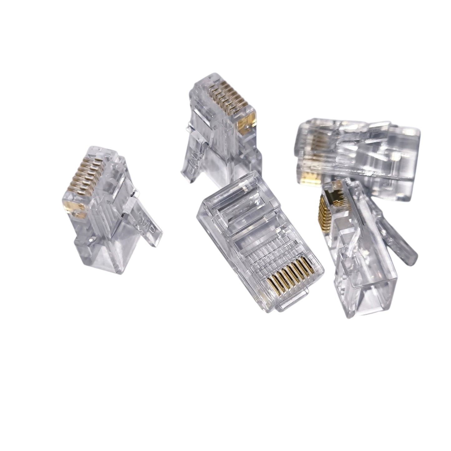 Clear Ethernet connectors on a white background