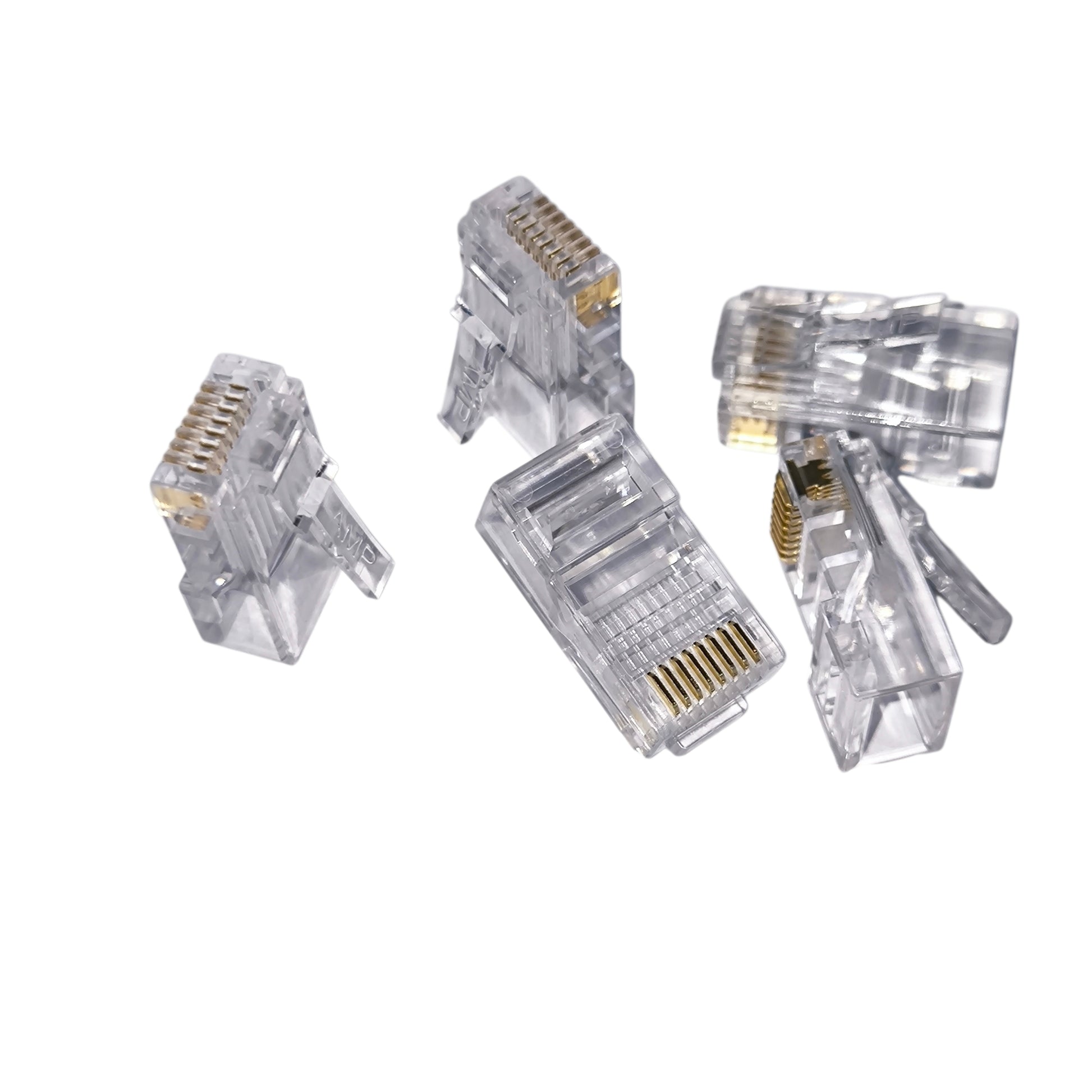 Clear Ethernet connectors on a white background