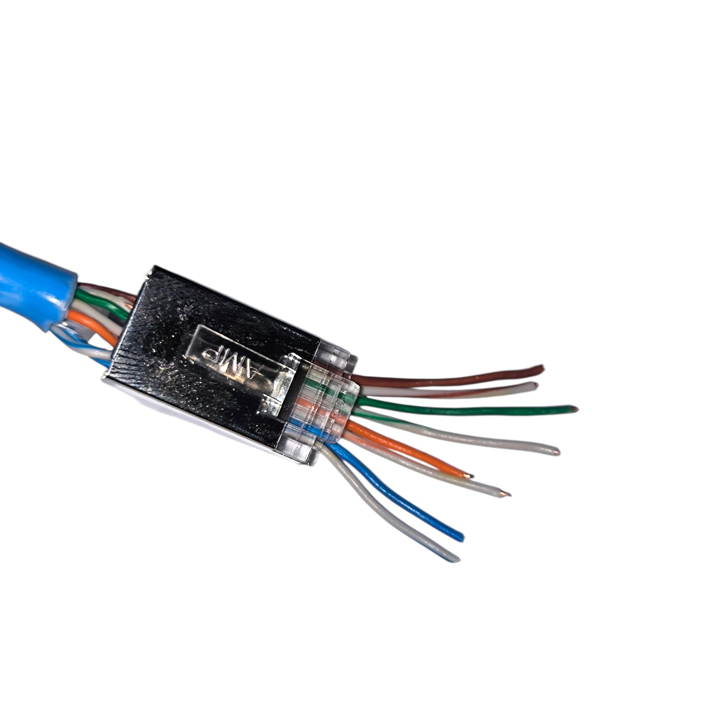 Close-up of a Ethernet cable connector with colored wires on a white background