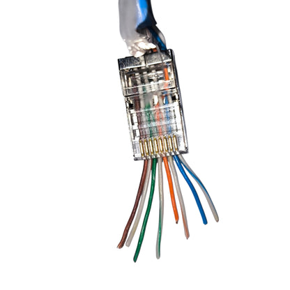 Close-up of a Ethernet cable connector with colored wires on a white background  AMP CAT5 RJ45 Connector Shielded Metal Pass Through (5 Pcs) Per Order Electx Electrical Supply
