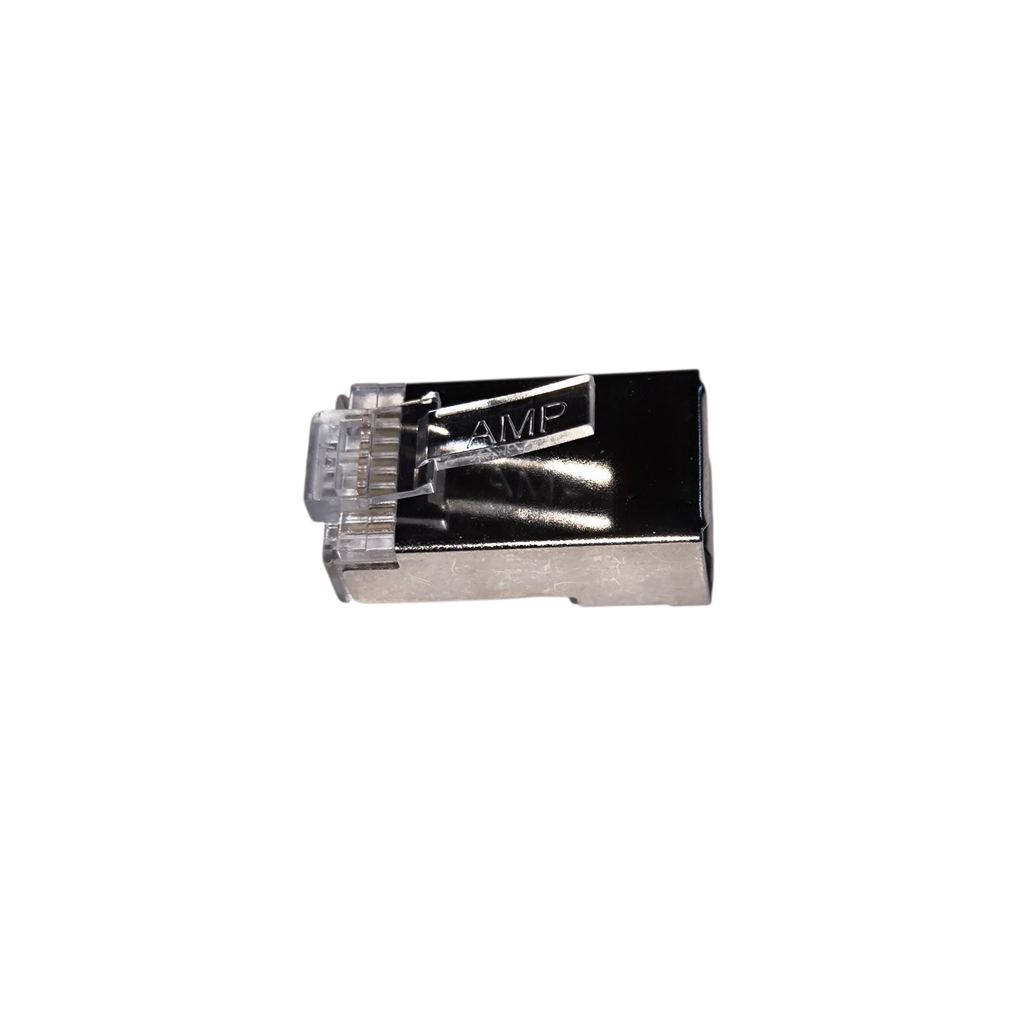 Metallic electronic connector on a white background AMP CAT5 RJ45 Connector Shielded Metal Pass Through Electx Electrical SUpply