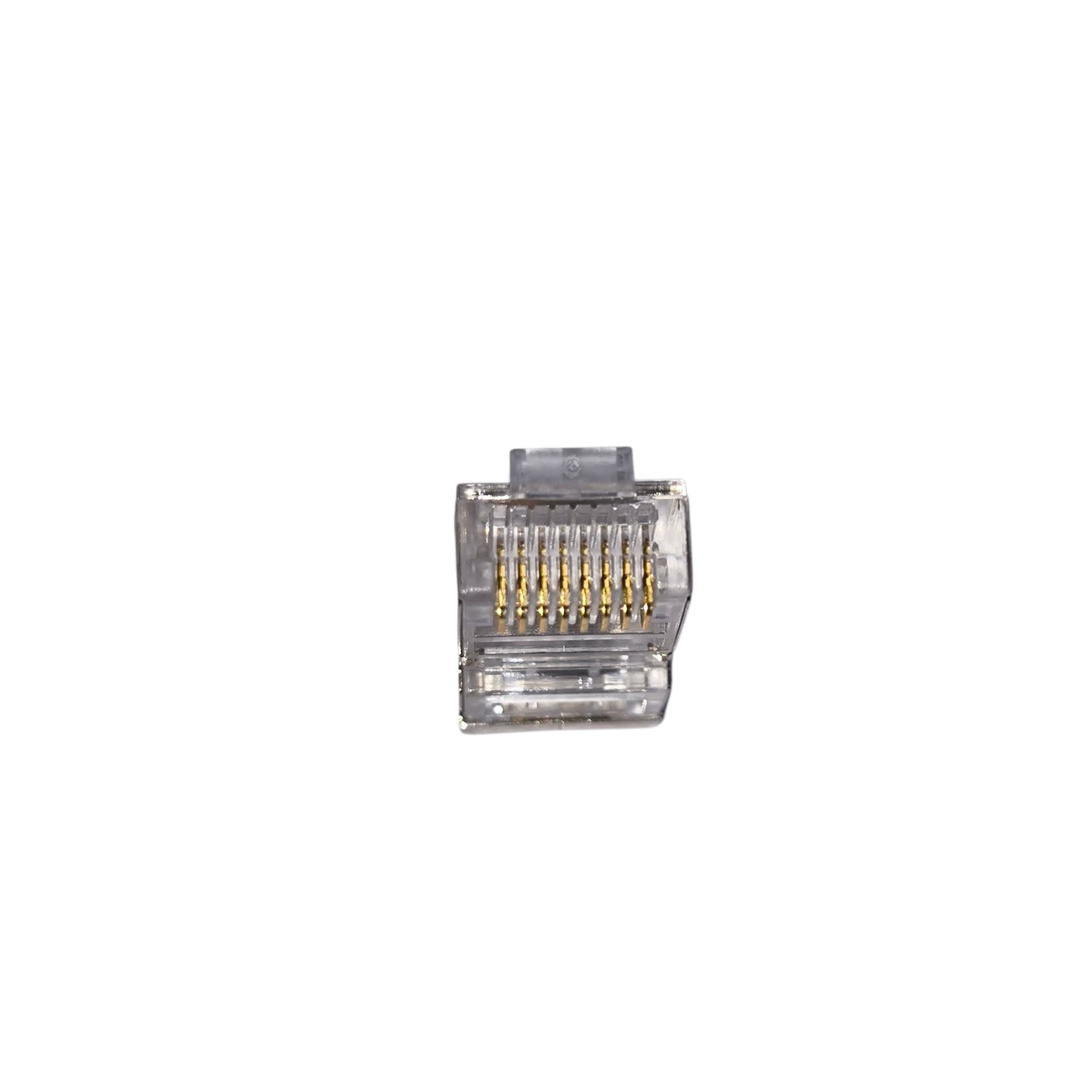 Clear Ethernet cable connector on a white background AMP CAT5 RJ45 Connector Shielded Metal Pass Through Electx Electrical SUpply