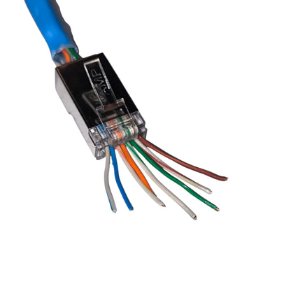 Cable connector with multicolored wires on a white background AMP CAT5 RJ45 Connector Shielded Metal Pass Through Electx Electrical SUpply