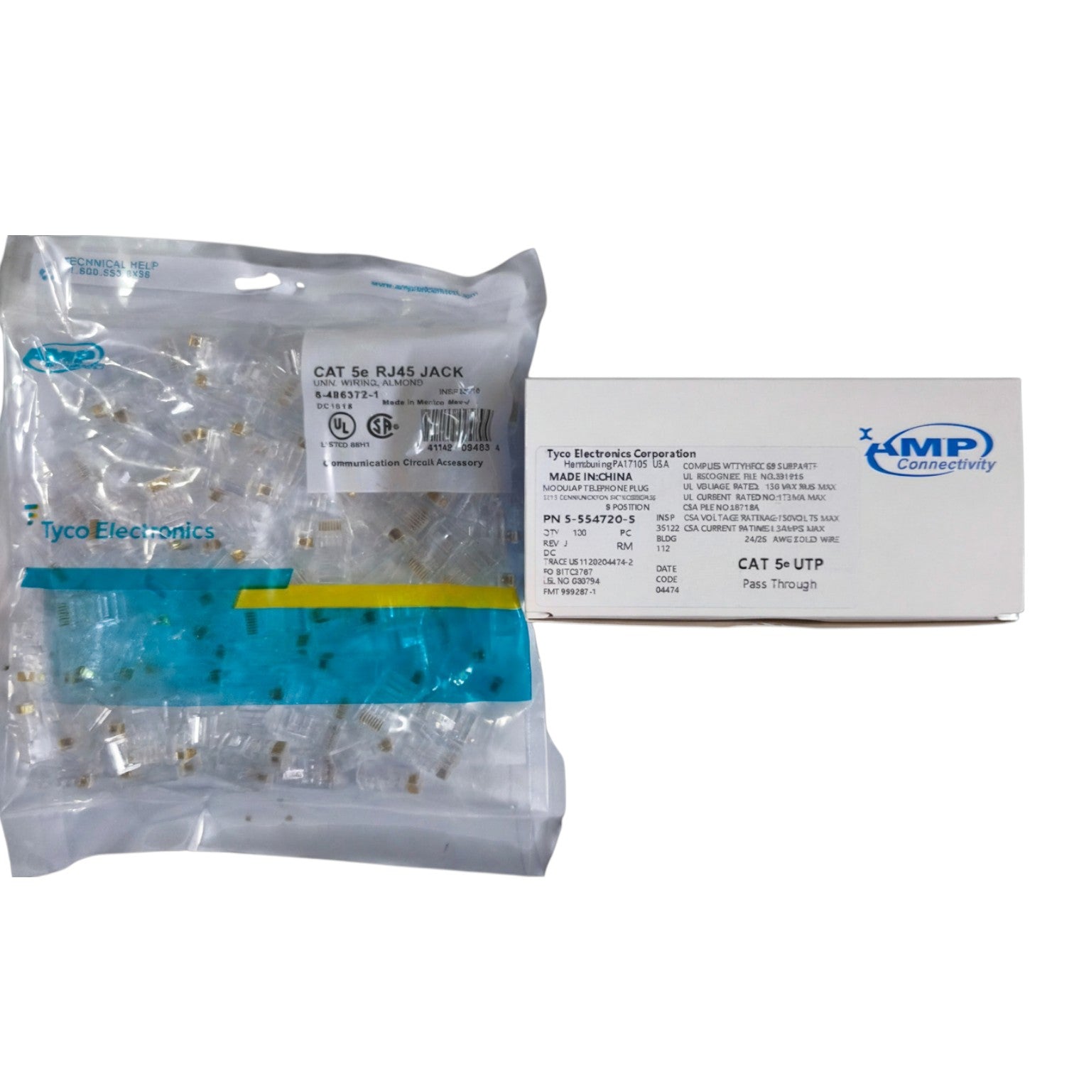 Tyco Electronics packaging with RJ45 jacks and a box on a white background