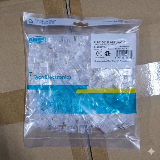 Tyco Electronics packaging of CAT 5E RJ45 jacks on a cardboard background AMP CAT5e Connector Pass Through Type ( 100PCS) Per Order Electx Electrical Supply
