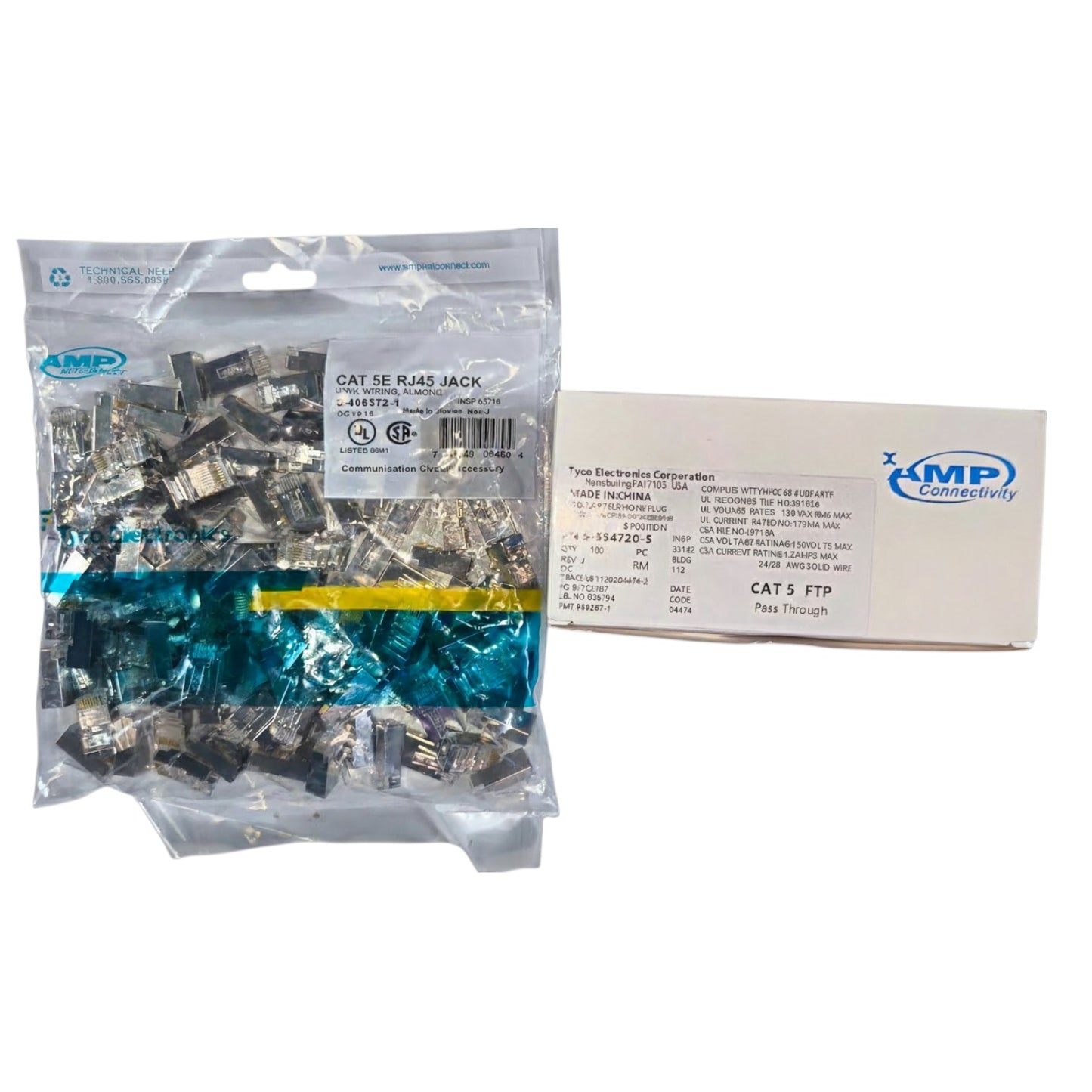 Packaged electronic components with KMP Connectivity branding on a white background