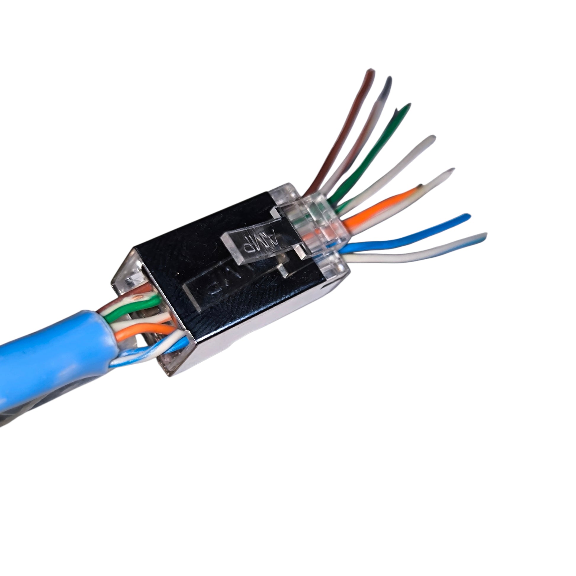 Ethernet cable connector with multicolored wires on a white background