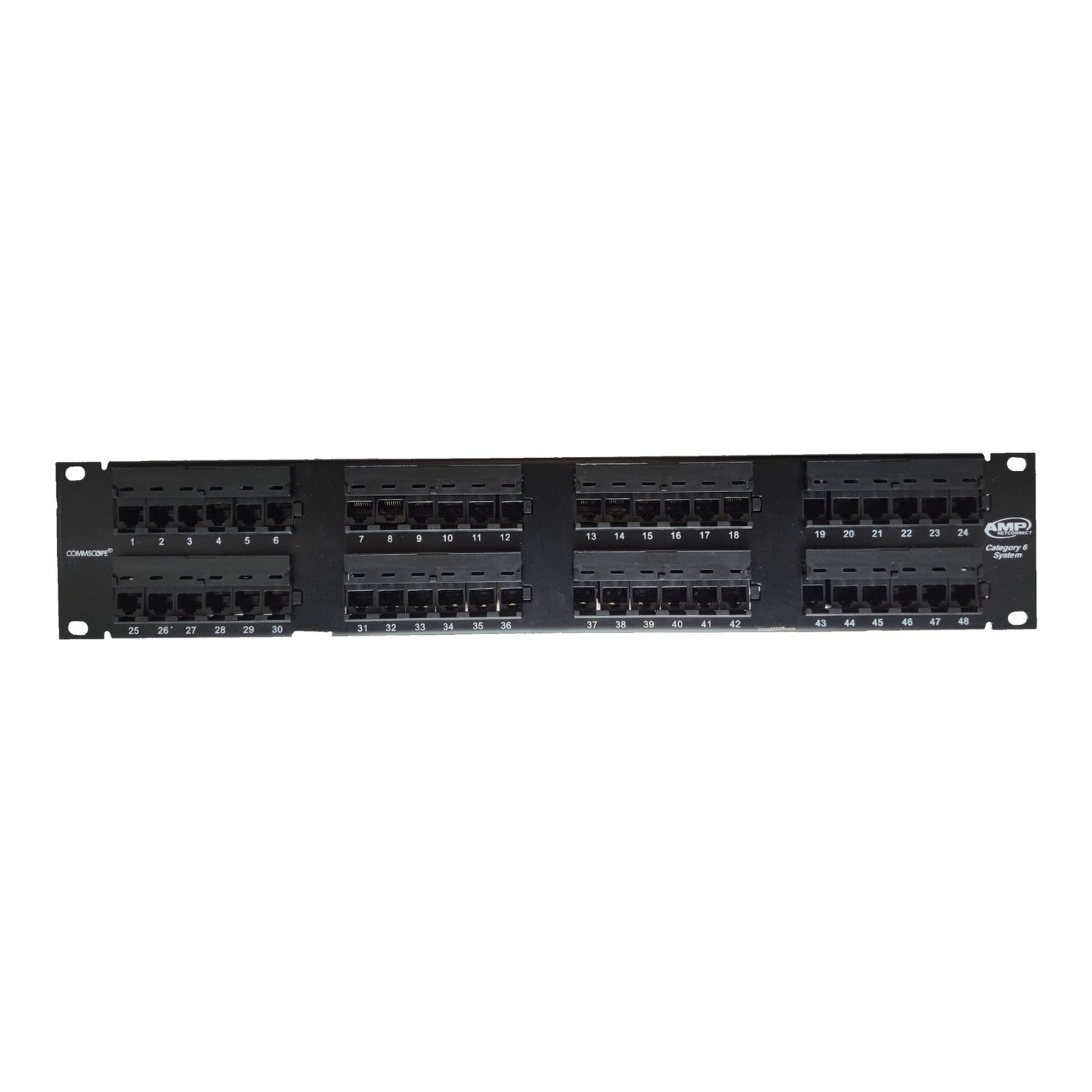 A 48-port network switch in a black metal rack frame, featuring 16 RJ45 ports in two rows of 8 on each of four sections, shown against a plain white background.