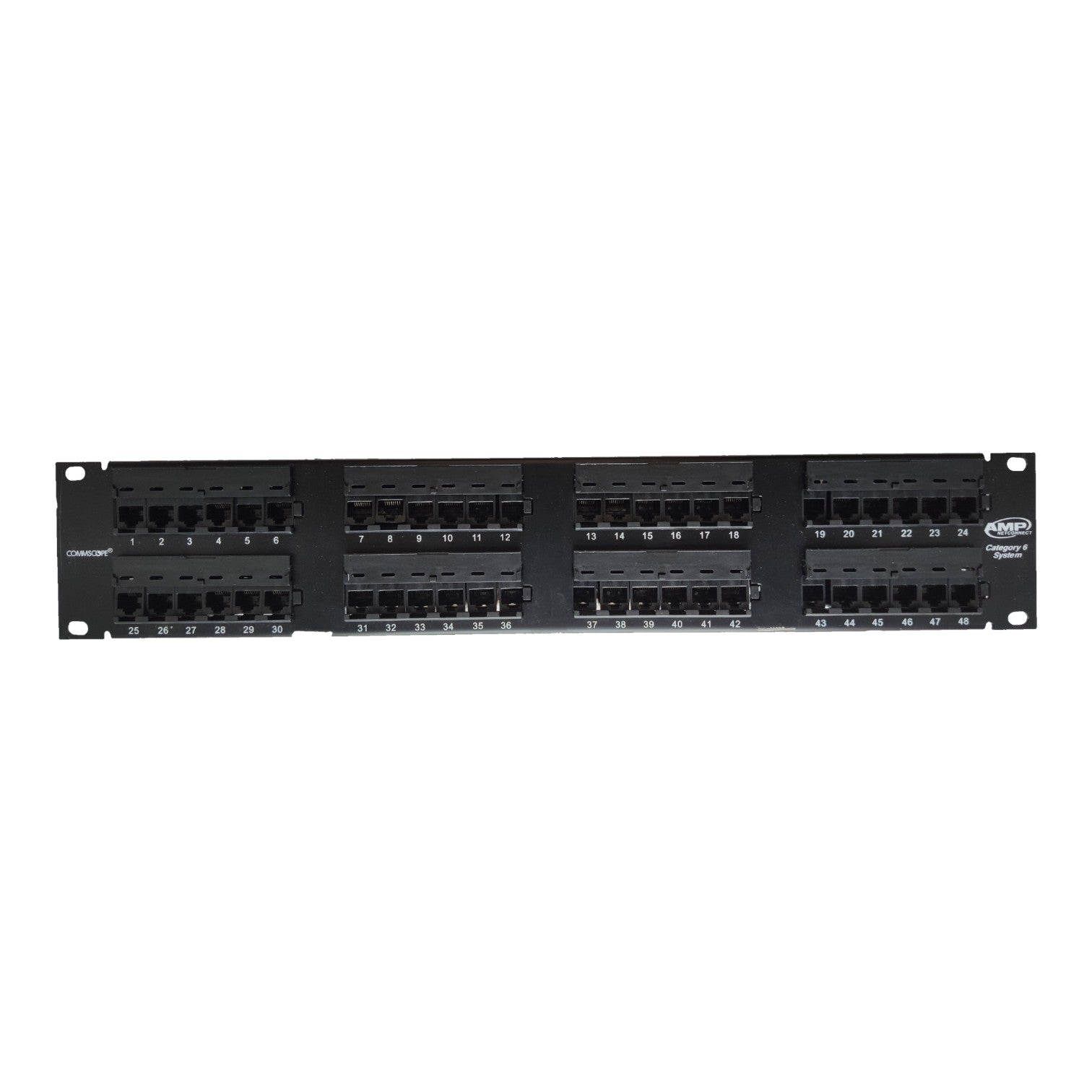 A 48-port network switch in a black metal rack frame, featuring 16 RJ45 ports in two rows of 8 on each of four sections, shown against a plain white background.