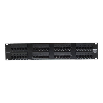 A 48-port network switch in a black metal rack frame, featuring 16 RJ45 ports in two rows of 8 on each of four sections, shown against a plain white background.