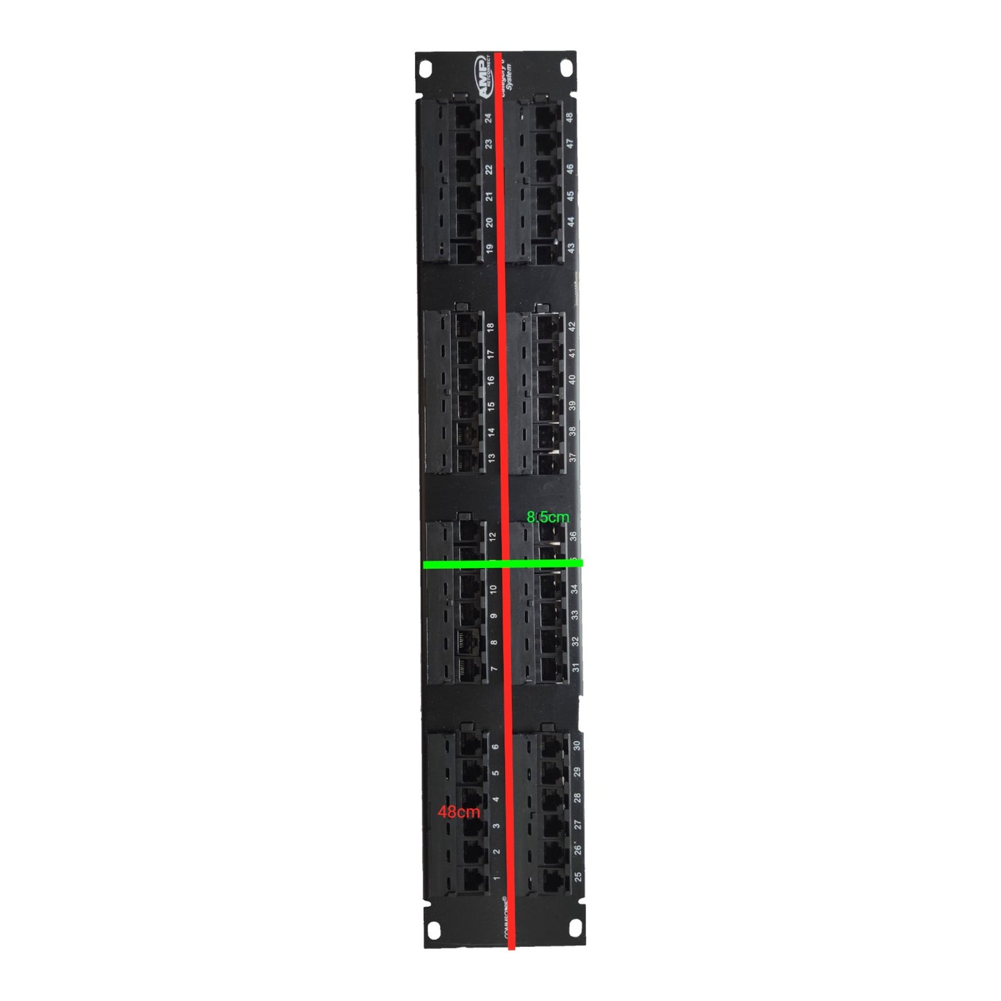 A black 48-port network switch rack module shown vertically on a white background, with red and green measurement lines and text indicating dimensions.