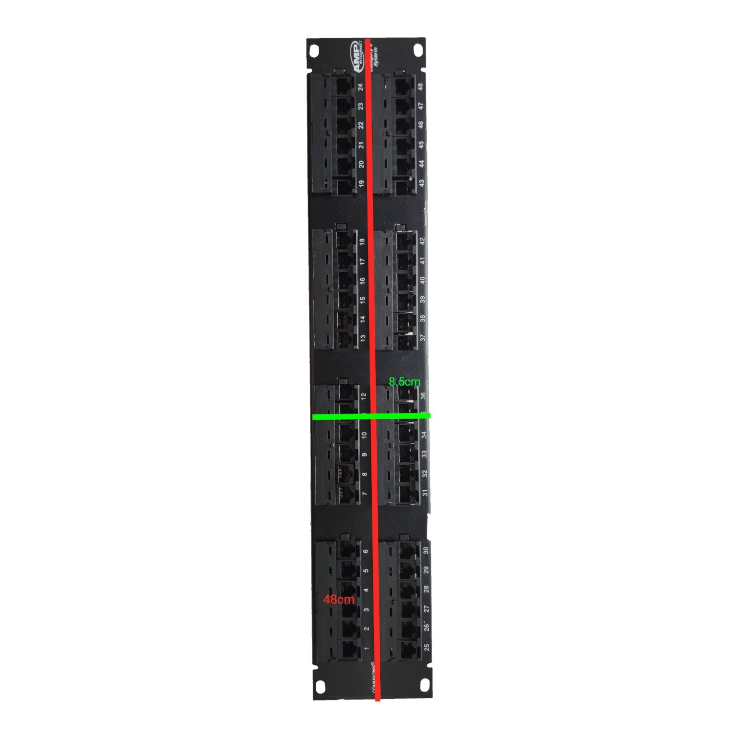 A black 48-port network switch rack module shown vertically on a white background, with red and green measurement lines and text indicating dimensions.