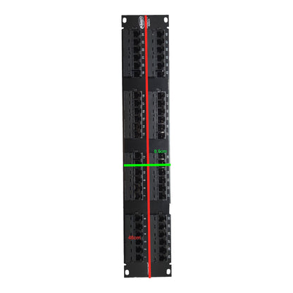 A black 48-port network switch rack module shown vertically on a white background, with red and green measurement lines and text indicating dimensions.