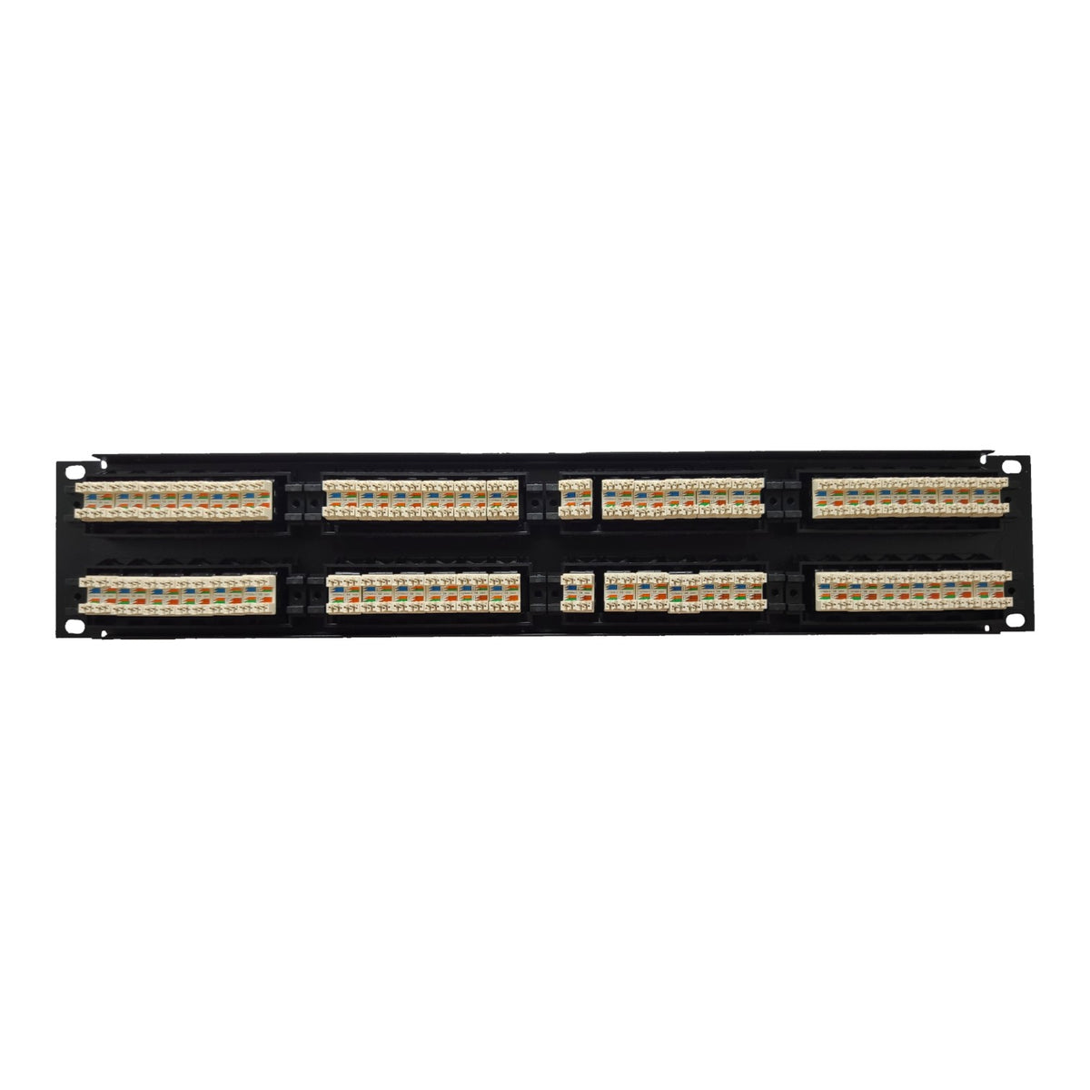 A 19-inch black RJ45 8-port network module with 4 pairs of twisted pairs per port, shown against a plain white background.